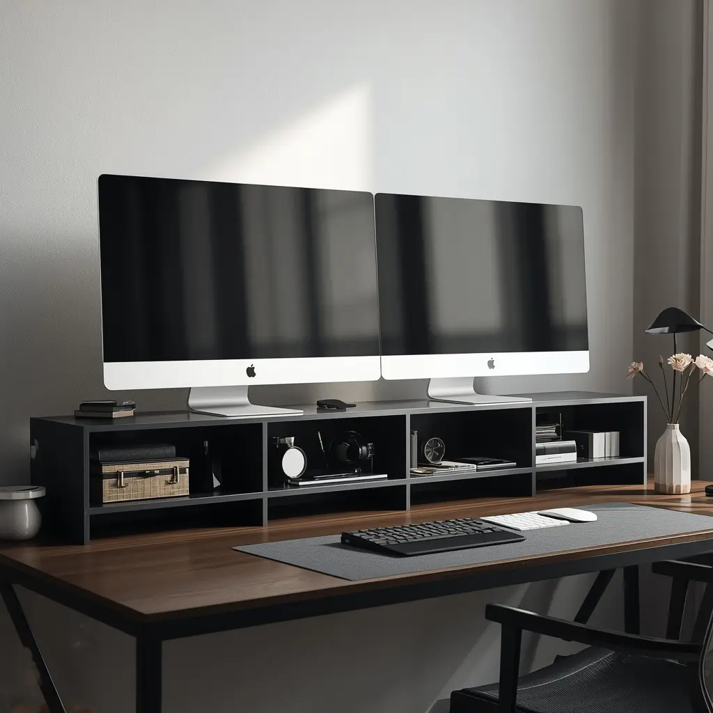 gianotter dual monitor stand riser with drawer and pen holders on a desk